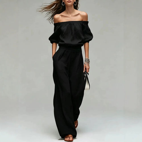 Cinched-top Blouse And Linen-textured Wide-leg Pants Set – Premium 0 | RICALOUX