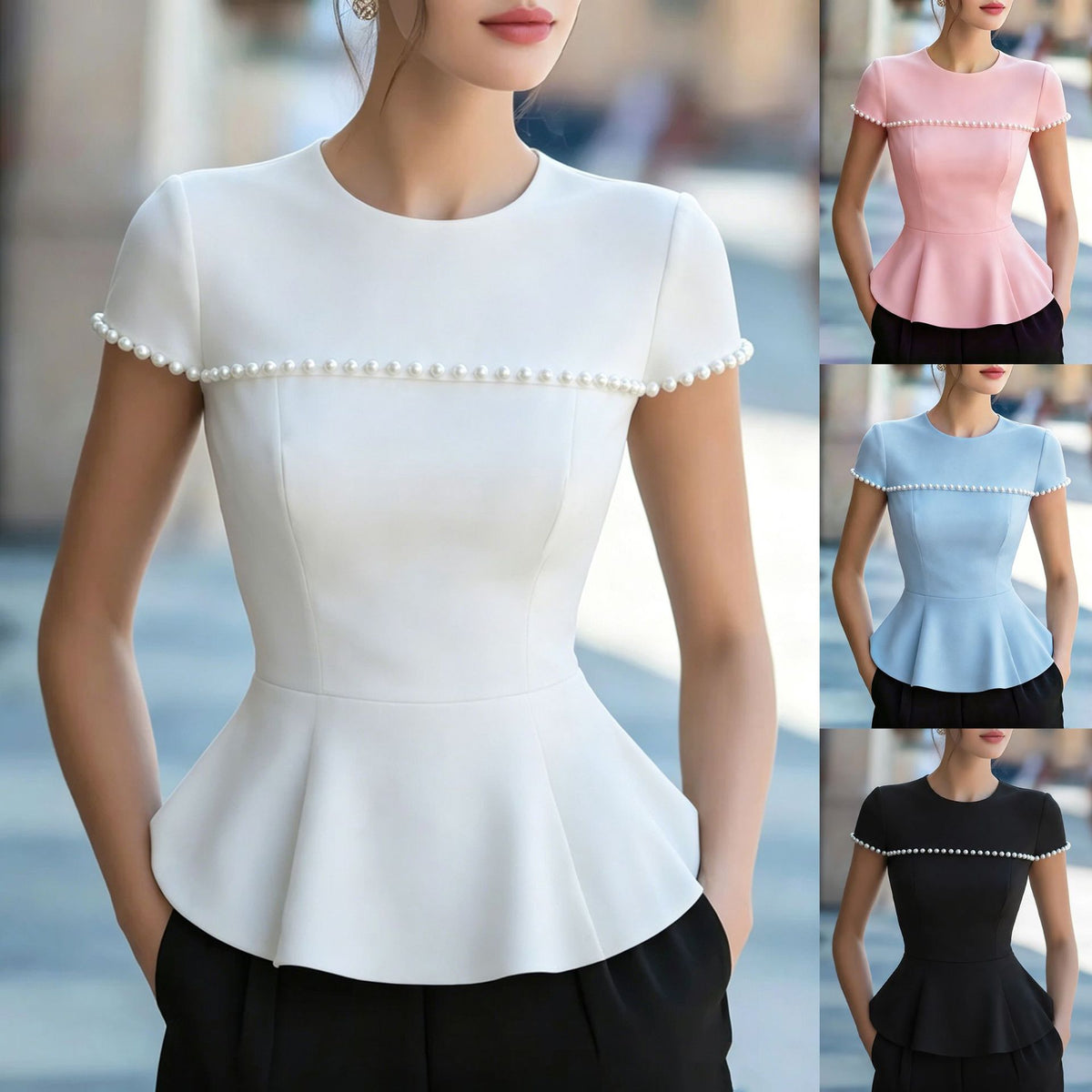 Summer Round-neck Beaded Short-sleeve Top by Ricaloux