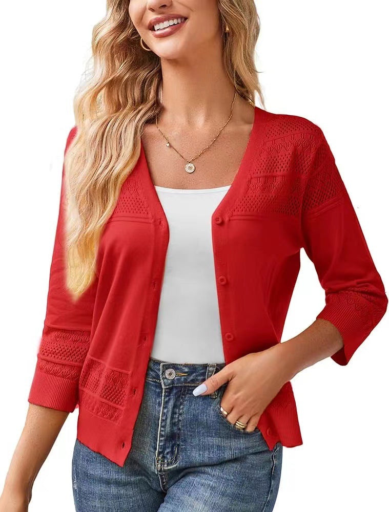 V-neck Cropped Outerwear Hollow-out Knit Cardigan by Ricaloux