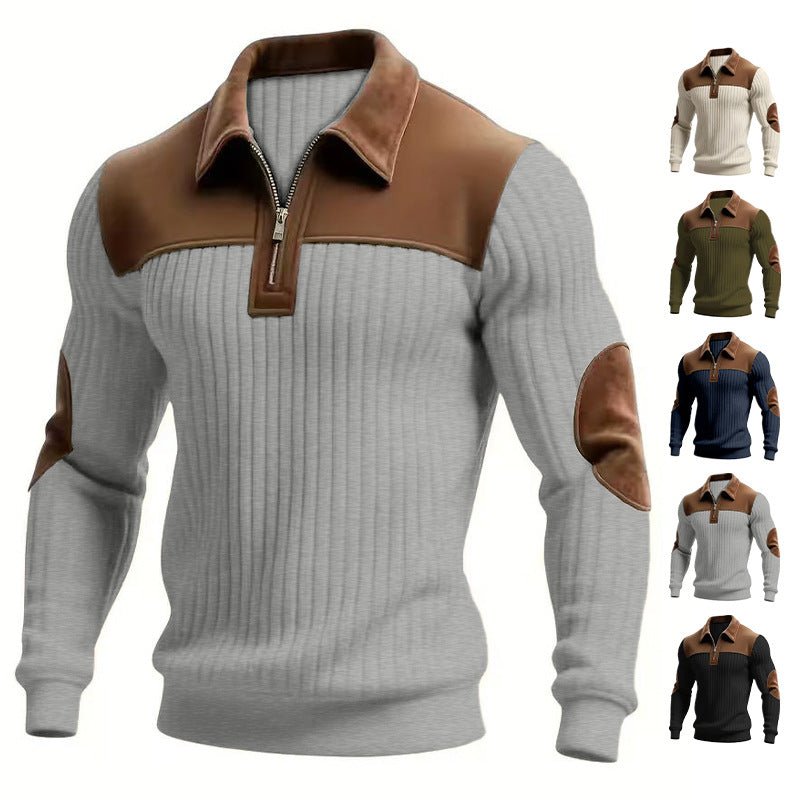 Notched-collar Patchwork Knit Top With Embroidered Zipper Hoodie - RICALOUX