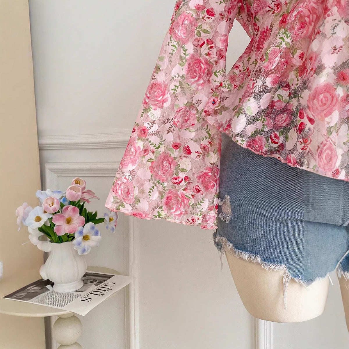 Lantern-sleeve Lace Floral Long-sleeve Top – Premium 0 | RICALOUX