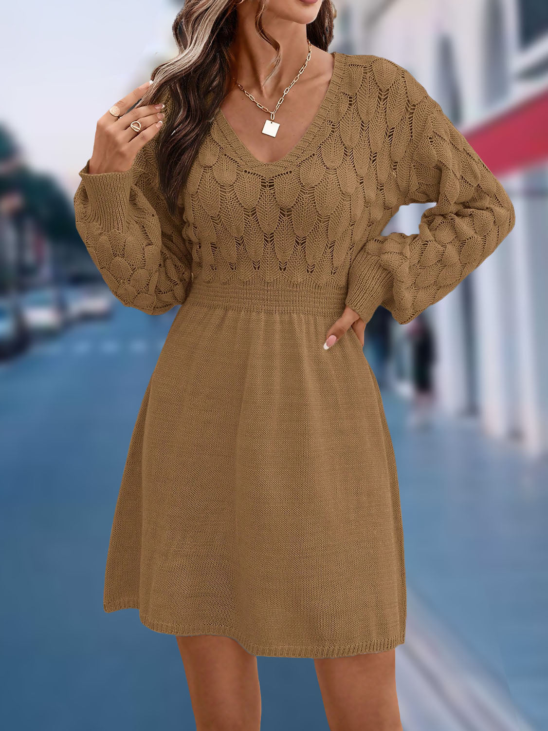 2025 Cross-Border Women V Neck Maxi Beach Dress, 3D Scale Textured Crochet Knit Long Sleeve A-Line Swim Cover Up Dress For Summer Vacation by Ricaloux