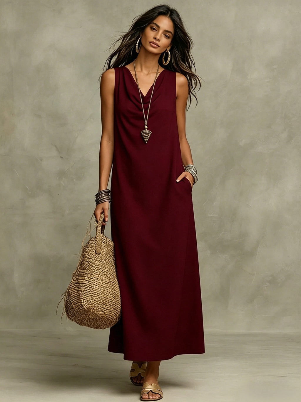 Women's Sleeveless Cowl Neck Maxi Dress With Pockets - Casual Loose Vacation Dress, Multiple Colors Available – Premium 4 | RICALOUX