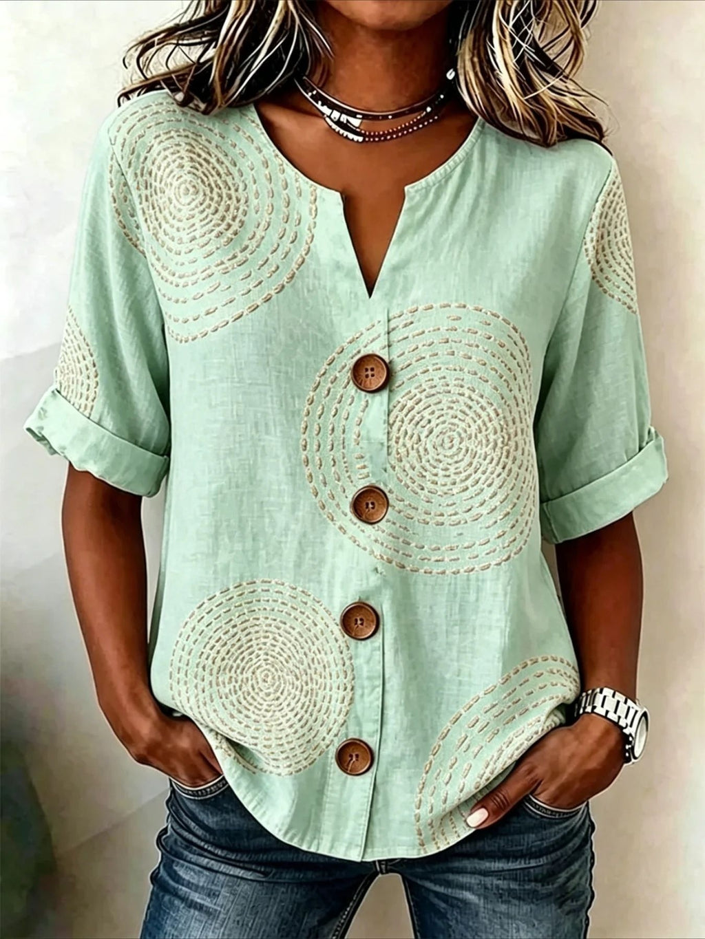 Lantern-sleeve Printed Button-up Womens Blouse by Ricaloux