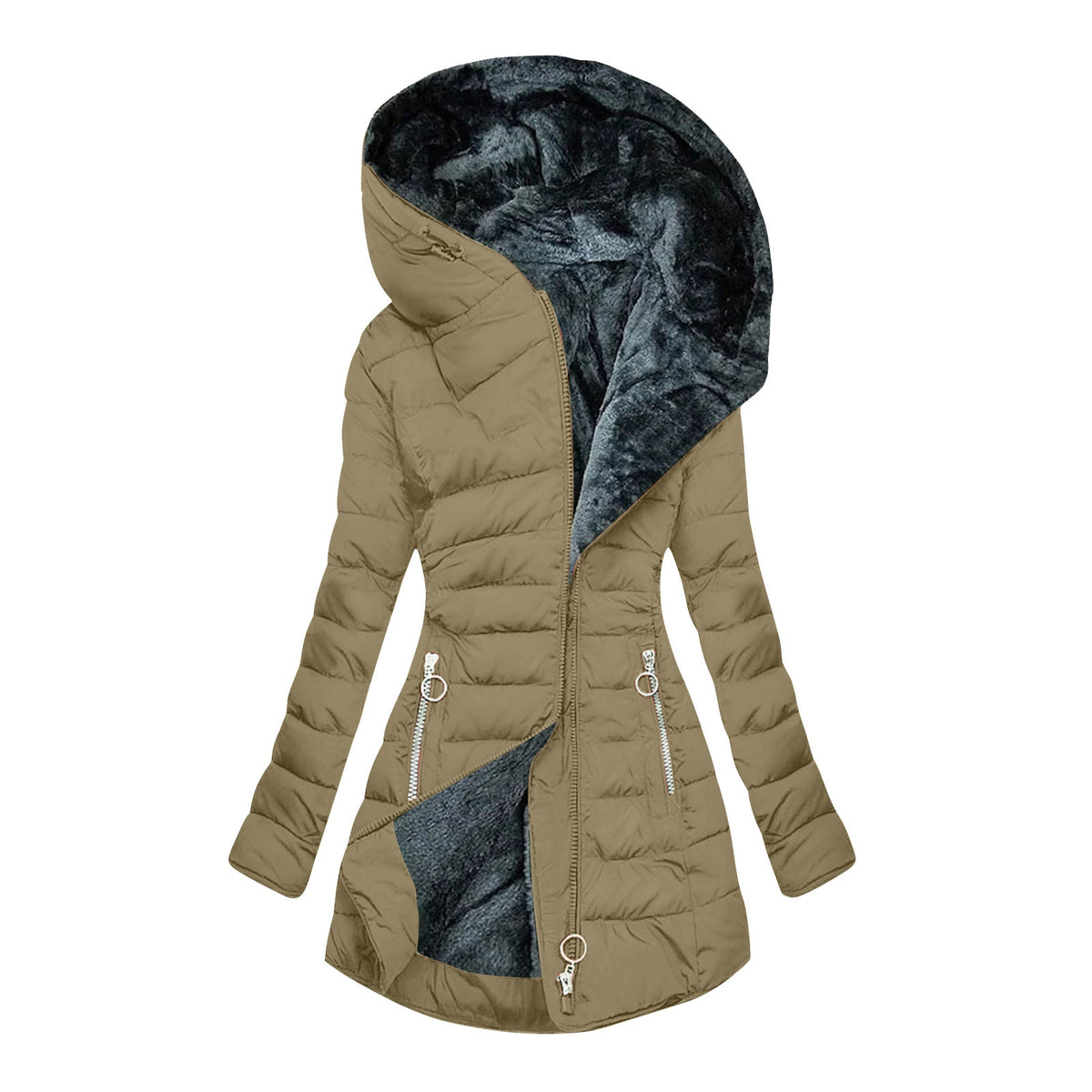 Women's Plush Hooded Mid-length Oblique Zipper Cotton-padded Coat - RICALOUX