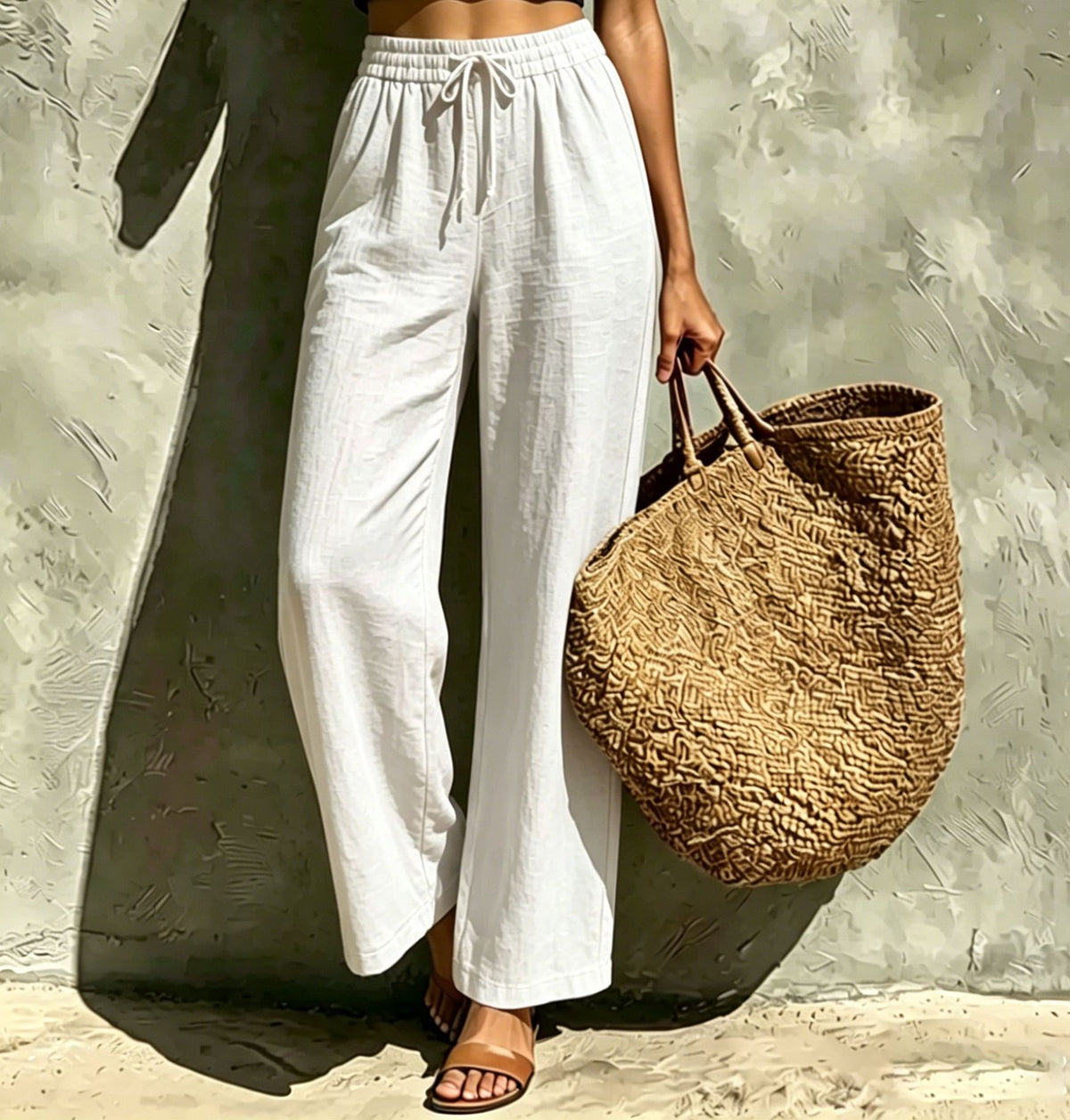 New Womens Casual High-waisted Loose-fitting Trousers With An Elastic Drawstring by Ricaloux