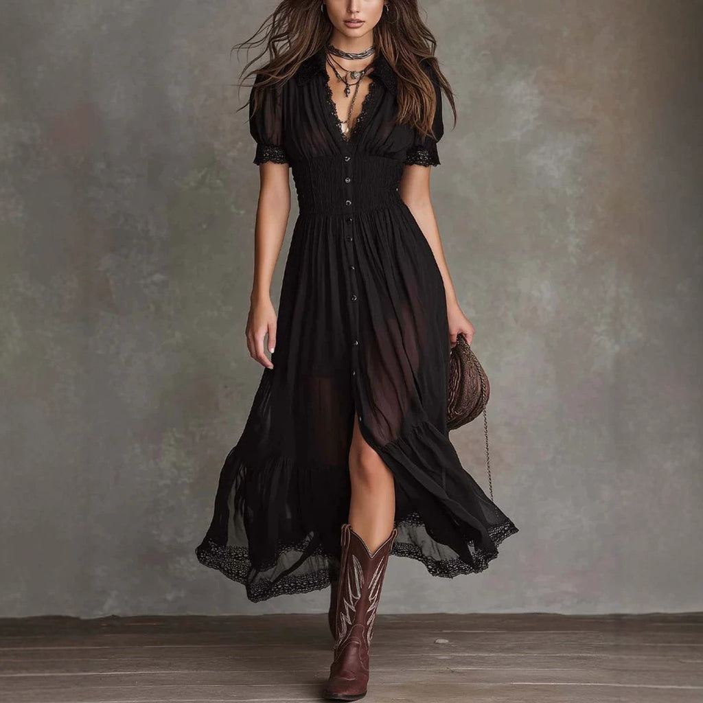 Fitted-waist Ruffled-edge Chic Dark-style V-neck Blouse And Slit Maxi Skirt – Premium 0 | RICALOUX