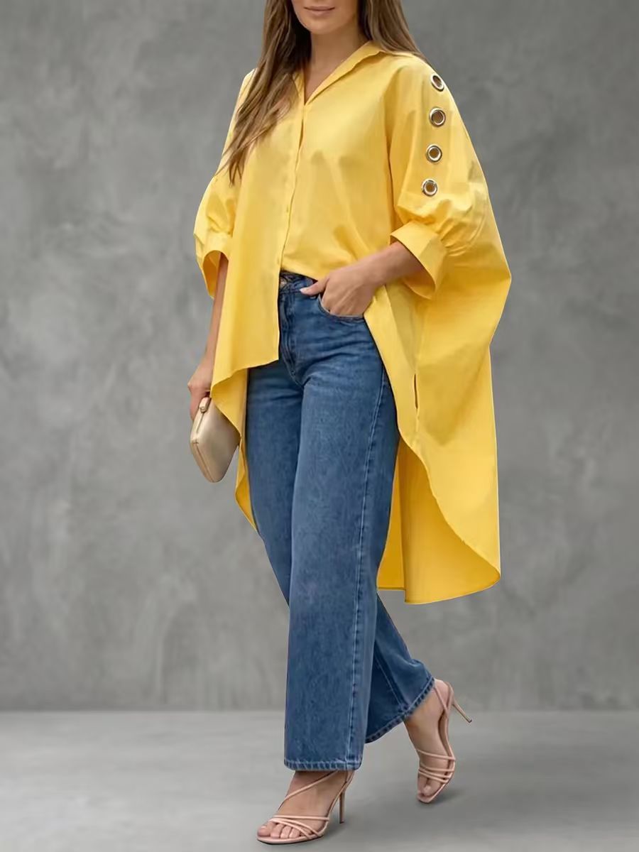 Womens Loose-fit Solid-color Long-sleeve Shirt by Ricaloux