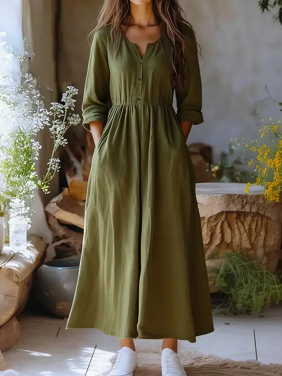 Womens Solid-color Long-sleeve Retro Cotton-linen Dress by Ricaloux