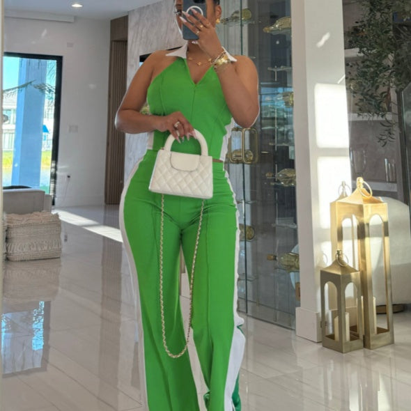 Fashionable Patchwork Color-Block V-Neck Zippered Sleeveless Split-Pant Two-Piece Set by Ricaloux