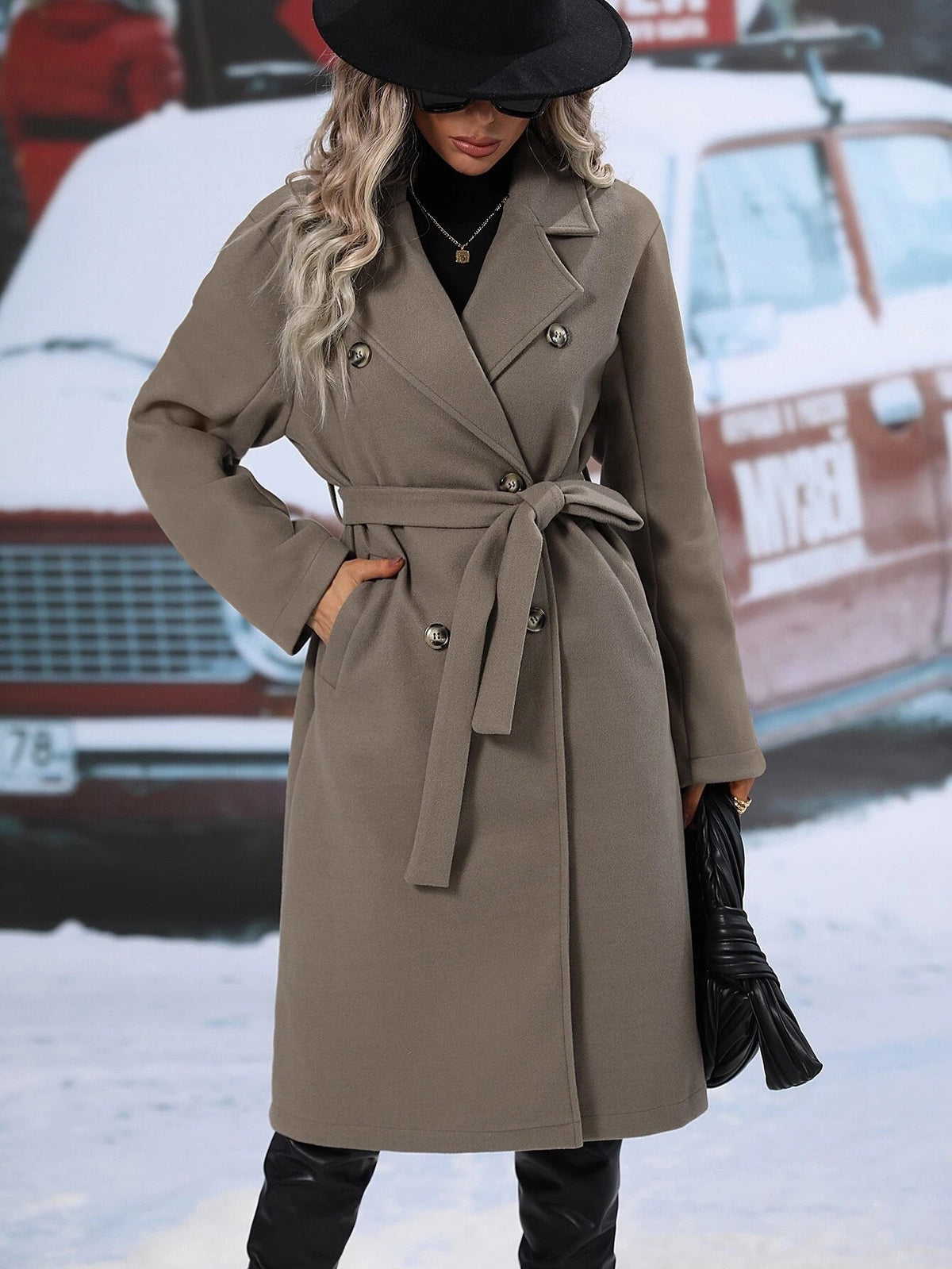 New Solid Color Lapel Thickened Woolen Coat, Long Double-breasted Jacket With Waist Tie For Spring by Ricaloux
