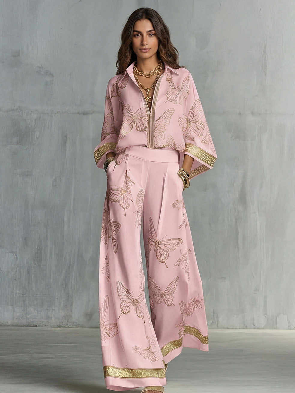 Womens Printed Loose-Fit Zip-Up Top And Wide-Leg Pants Two-Piece Set by Ricaloux