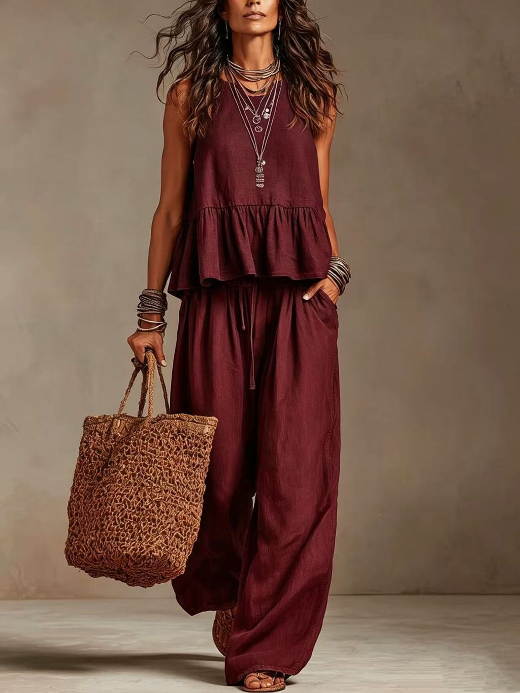 V-Neck Ruffle Hem Sleeveless Crop Top & High Waist Wide Leg Linen Pants Two Piece Outfit Set by Ricaloux