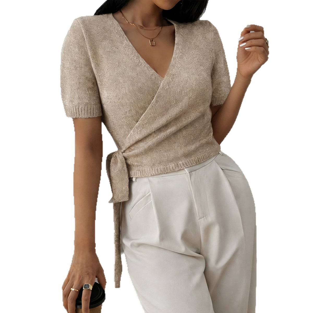 V-neck Knitted Short-sleeve Top With Tie Detail – Premium 0 | RICALOUX
