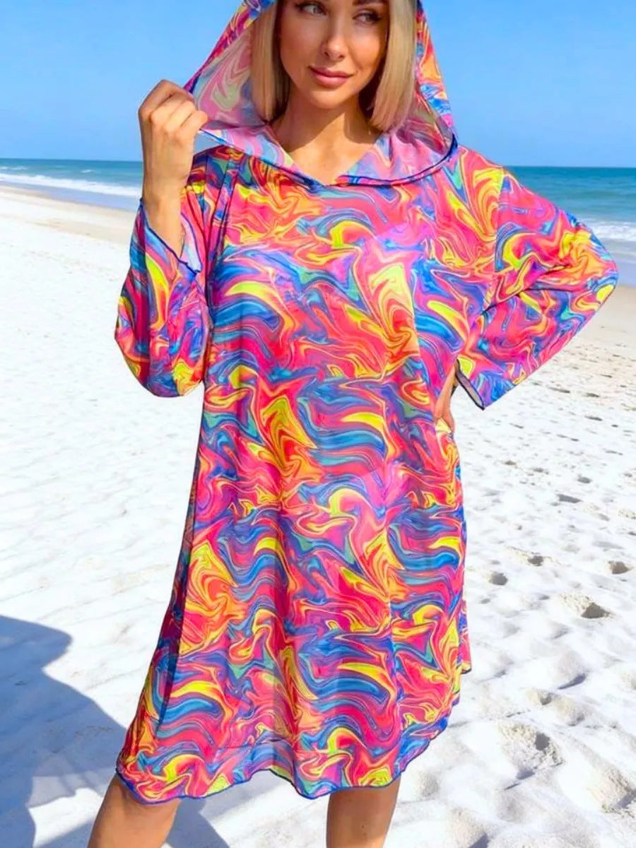 Printed Beach Three Quarter Sleeve One Piece Swimsuit Cover Up – Premium 0 | RICALOUX