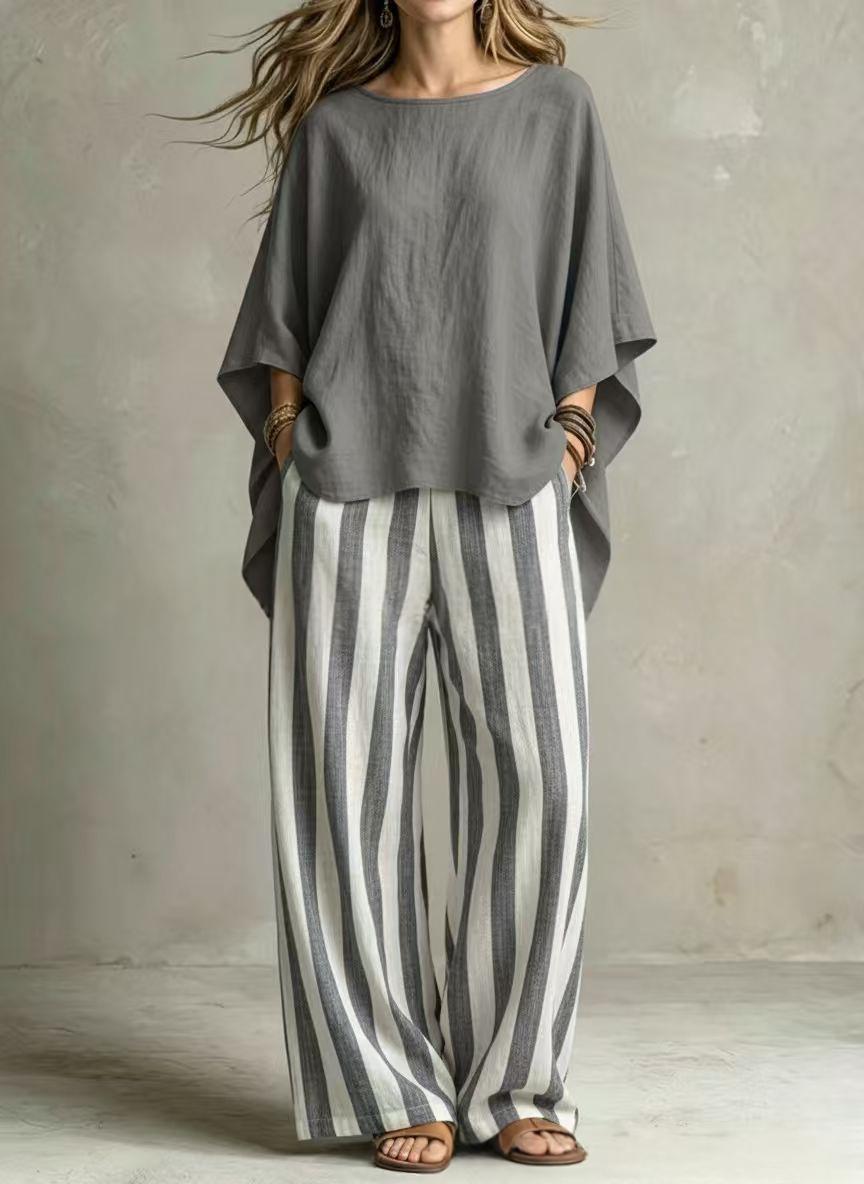 Womens Striped Pants And Cotton-Linen Top Set With Batwing Sleeves – Premium 0 | RICALOUX