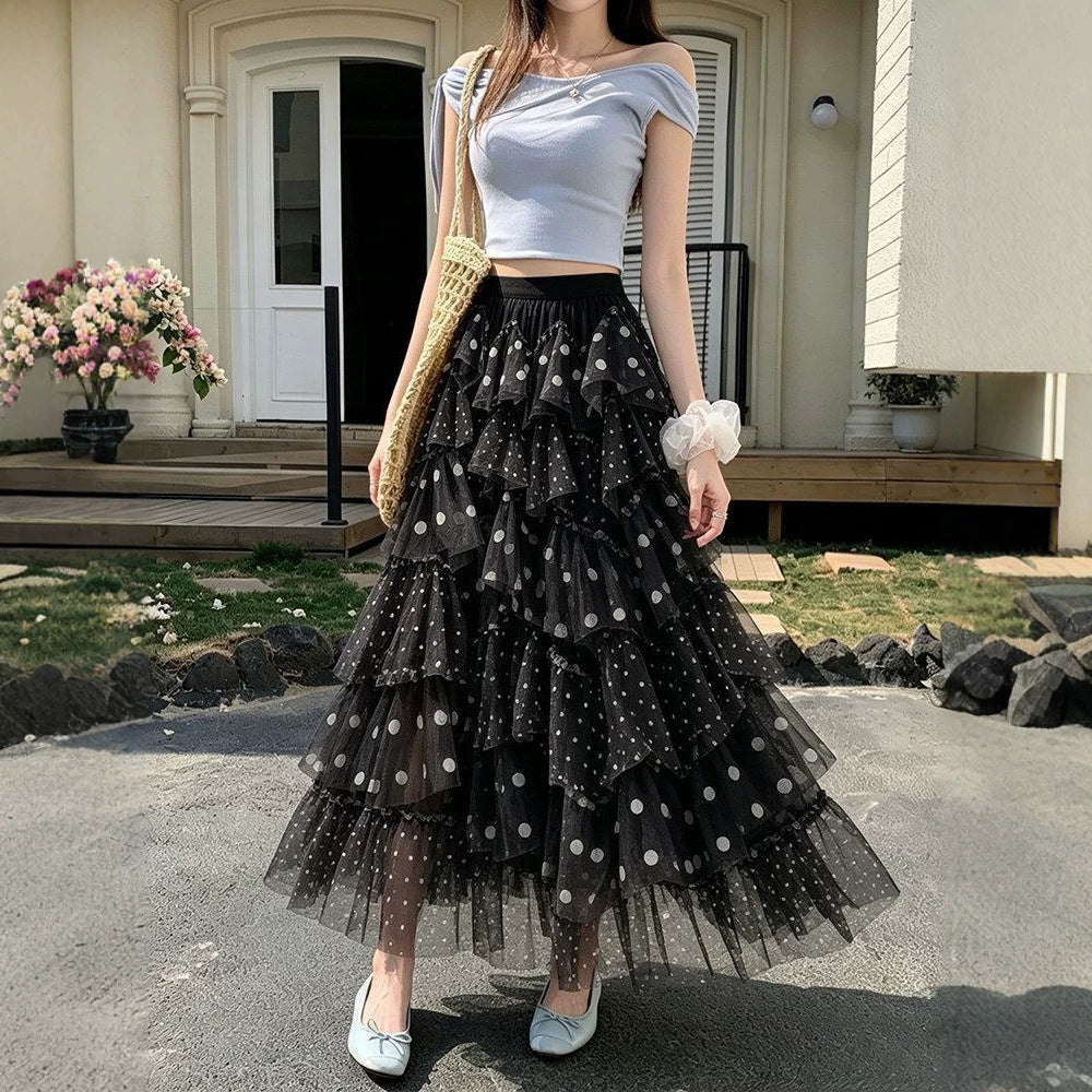 Ethereal Chiffon Puff Polka-dot Skirt by Ricaloux