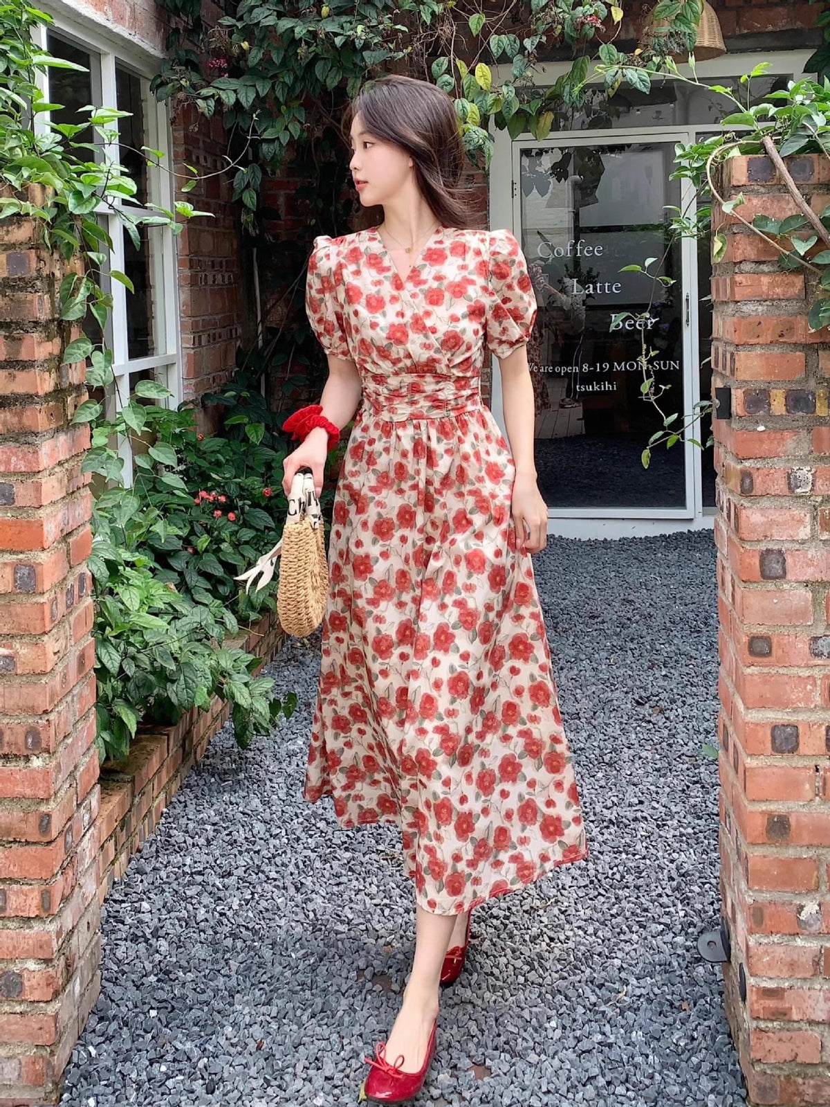 French-style Vintage Red V-neck Floral-print Dress For WomenSummer by Ricaloux