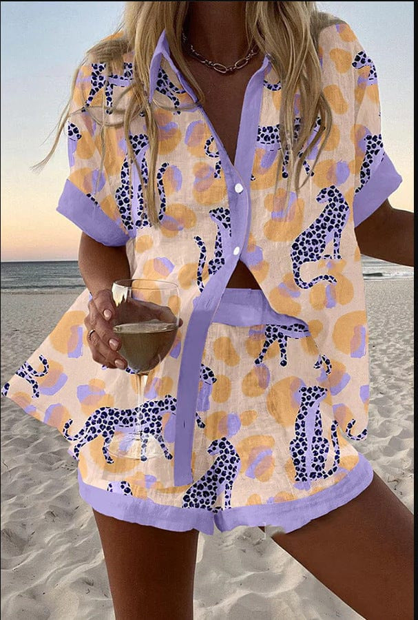 Women's Fashion Printed Casual Vacation Style Cardigan Shorts Suit by Ricaloux