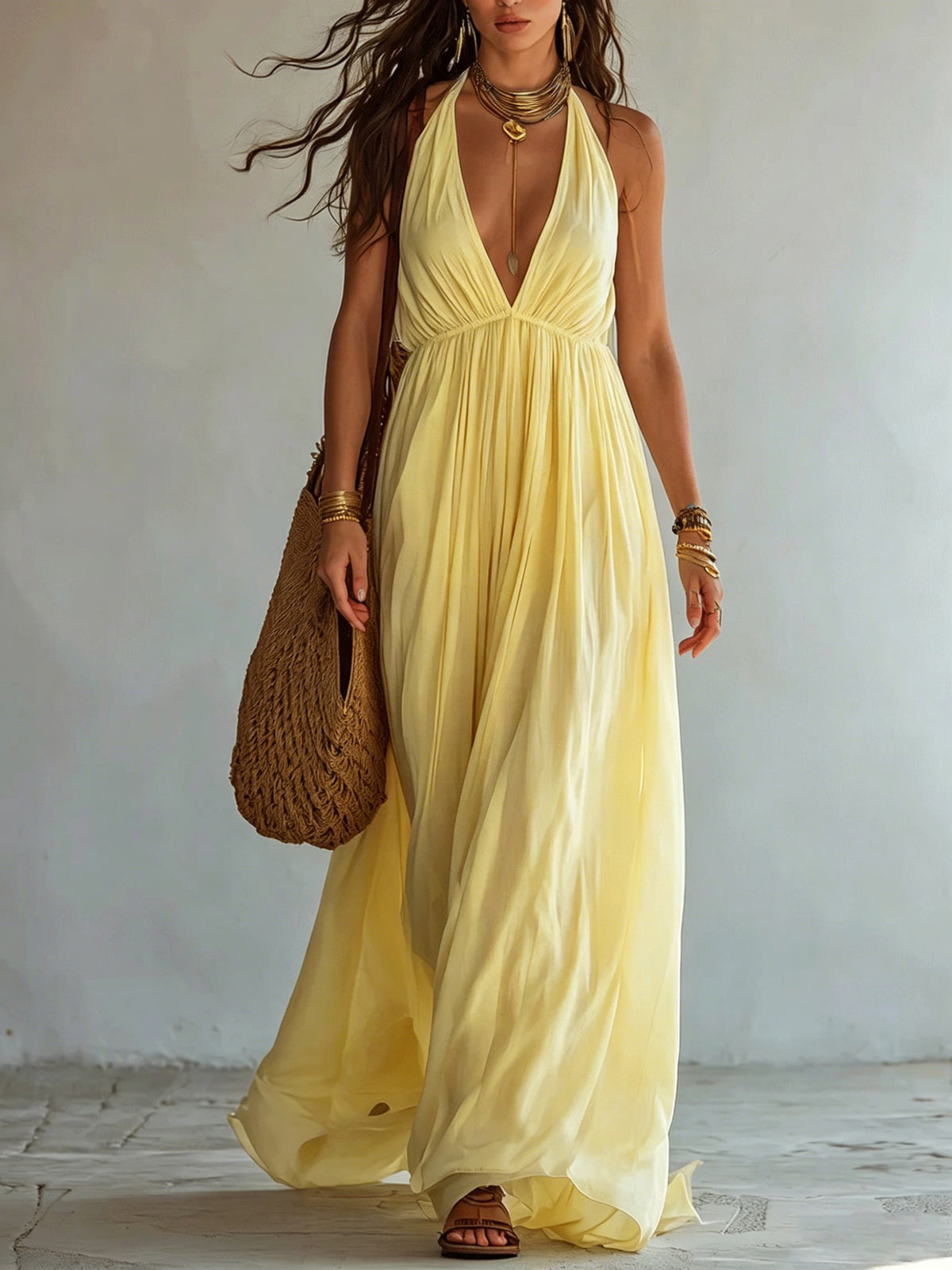 Deep V-neck Halter Backless Dress For Women by Ricaloux