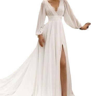 European And American High Waist Plus Size Deep V Long Sleeve Mopping Backless Wedding Dress High Slit - RICALOUX