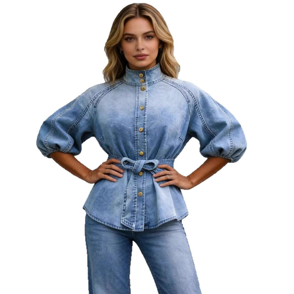 Lace-up Waist-cinching Bell-sleeve Cropped-sleeve Versatile Vintage Denim Shirt by Ricaloux