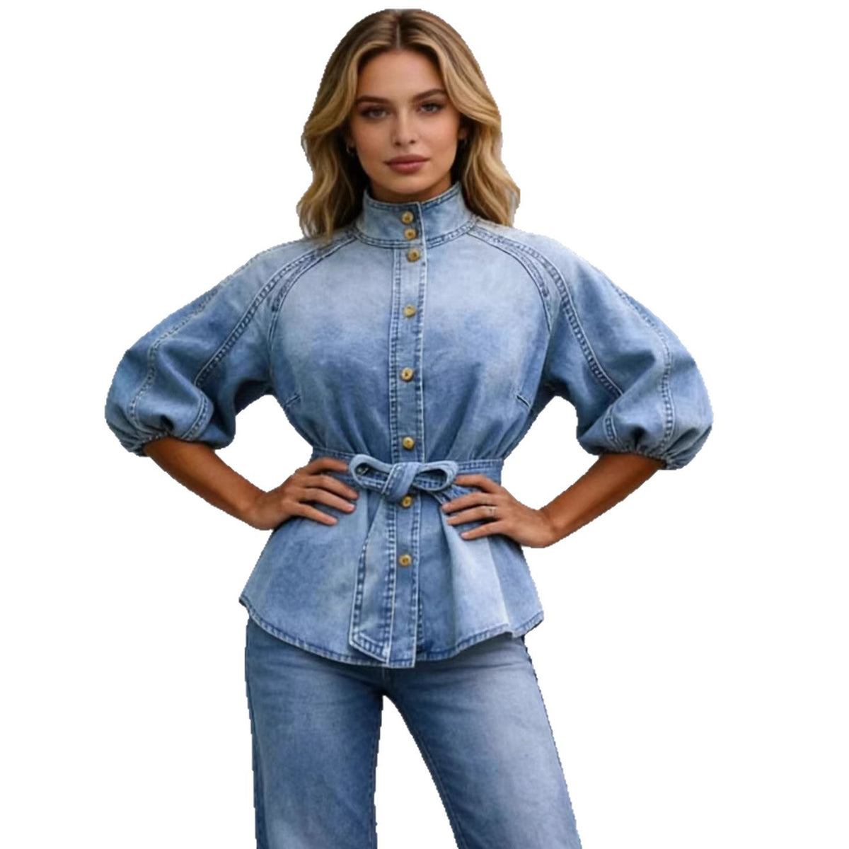 Lace-up Waist-cinching Bell-sleeve Cropped-sleeve Versatile Vintage Denim Shirt by Ricaloux