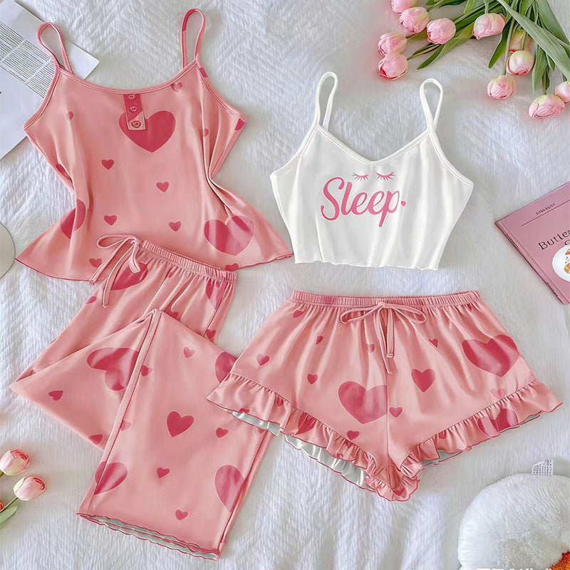 Printed Heart-Shape Camisole Long Pants And Shorts Four-Piece Set by Ricaloux