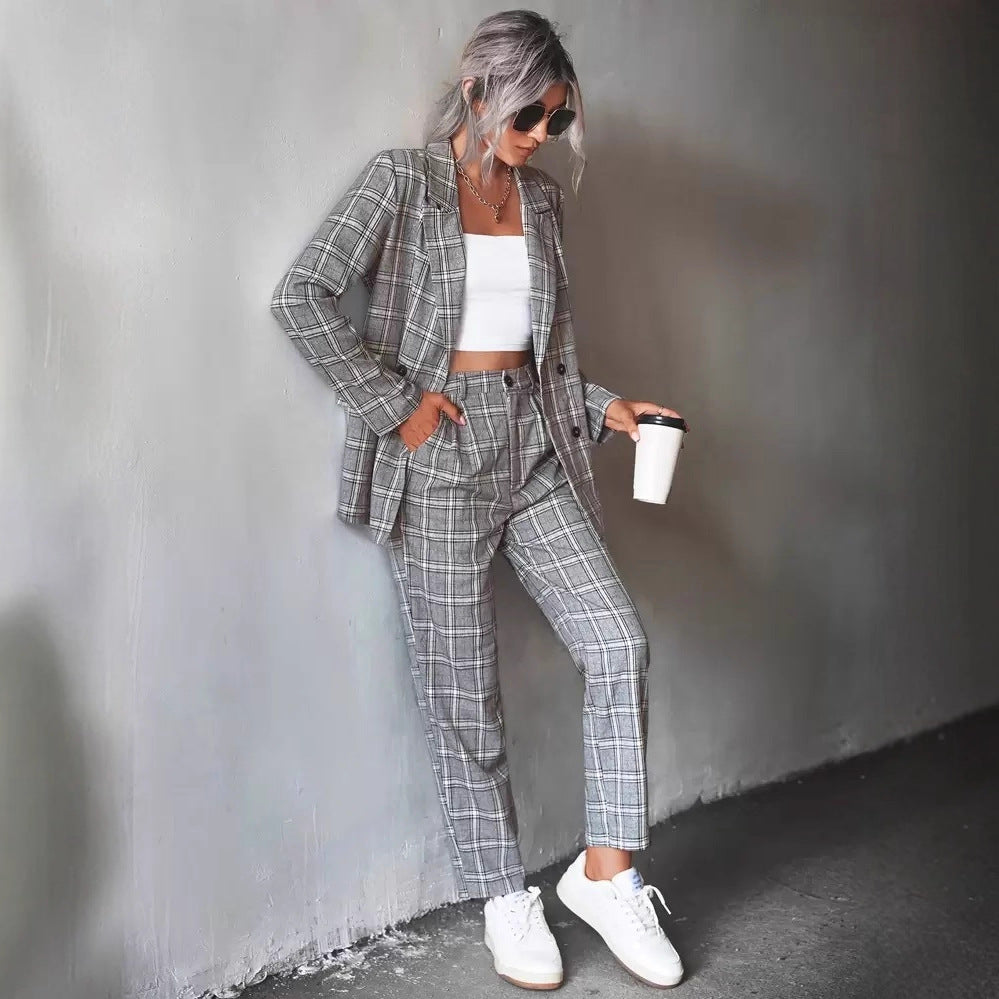 Versatile Casual Commuter Double-breasted Plaid Suit Set – Premium 0 | RICALOUX