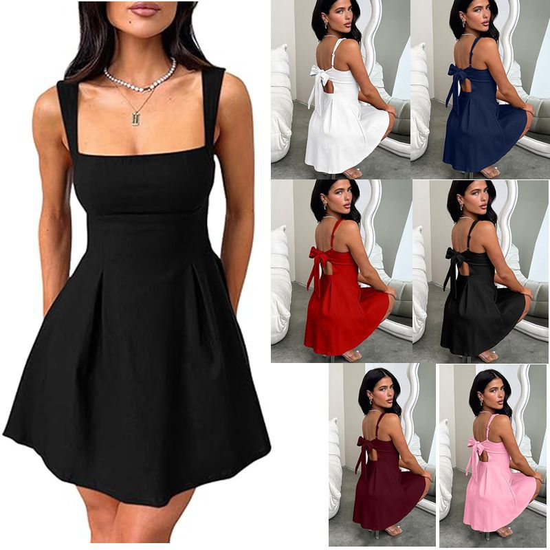 Womens Sleeveless Square-Neck Mini Dress With Adjustable Straps And Bow Tie by Ricaloux