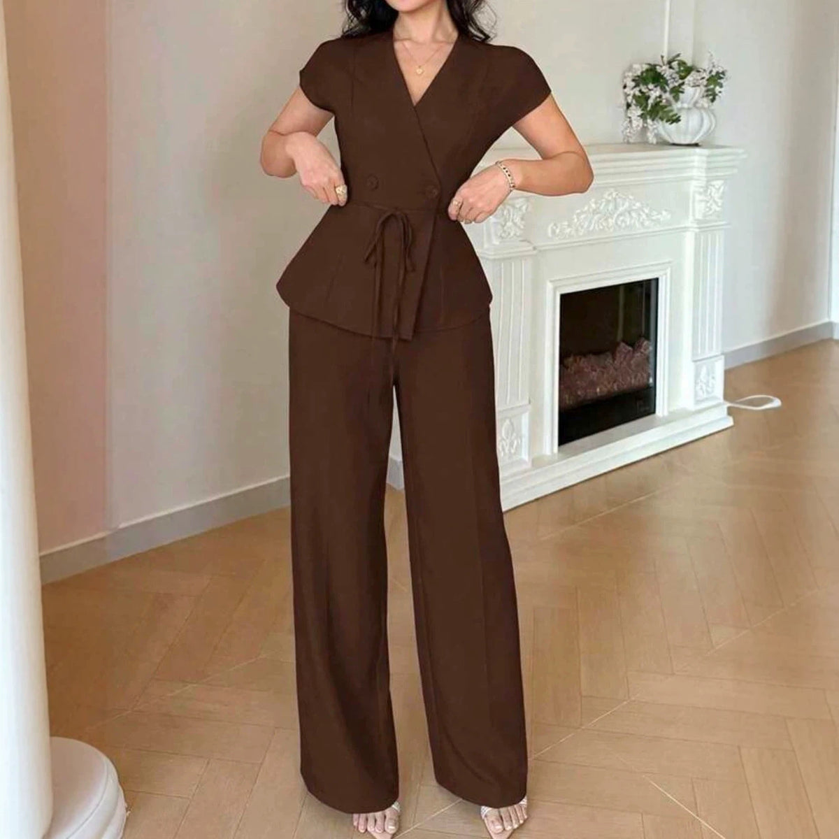 Womens Casual-Style Lace-Up Button Vest And Pants Set by Ricaloux