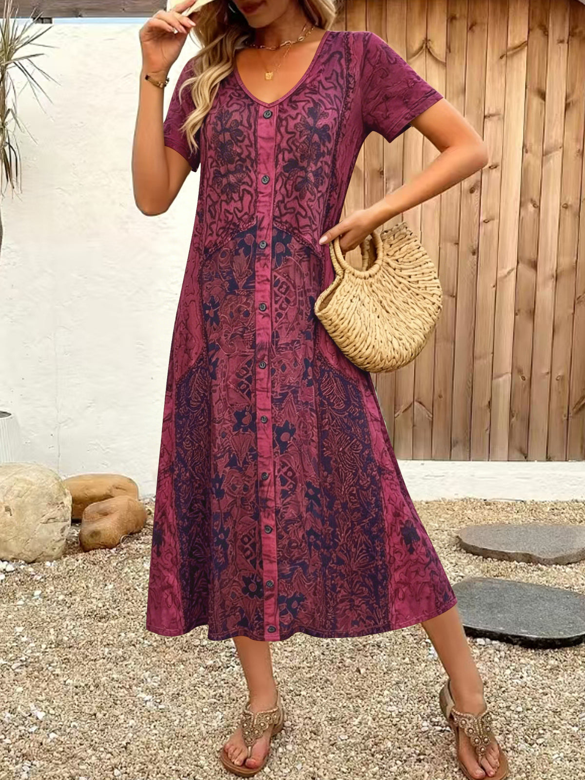 Women's V-Neck Short Sleeve Bohemian Embroidered Print Maxi Dress Casual Loose Button Front Long Dress For Vacation – Premium 4 | RICALOUX