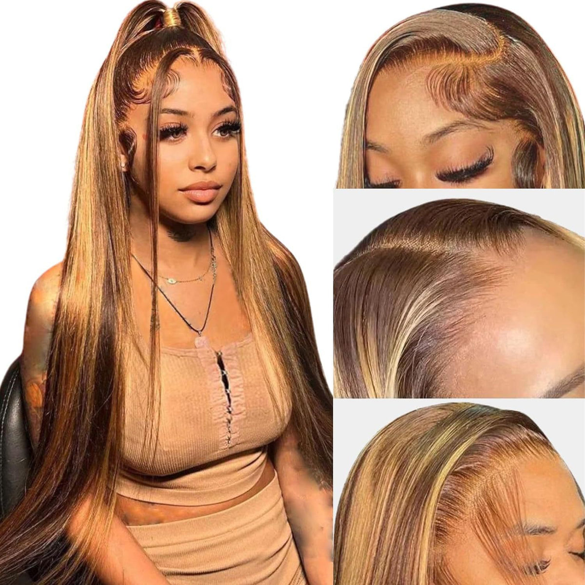 Real Human Hair Female Long Straight Hair Front Lace Wig Head Cover by Ricaloux