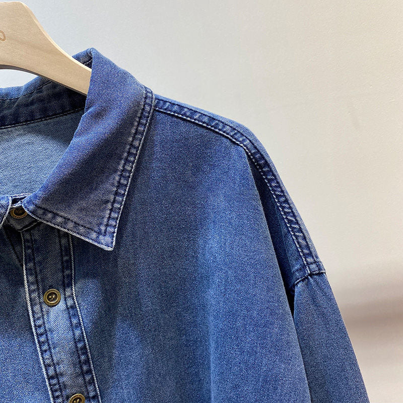 Spring And Autumn Vintage Hong Kong Style Blue Denim Shirt by Ricaloux