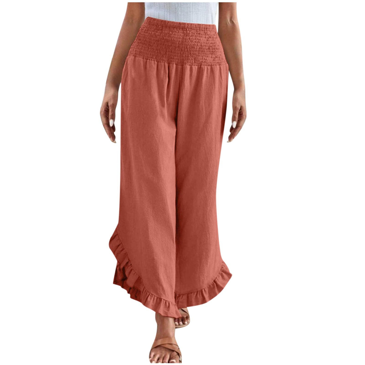 Womens High-waisted Asymmetrical-hem Cotton-linen Relaxed-fit Casual Pants – Premium 0 | RICALOUX