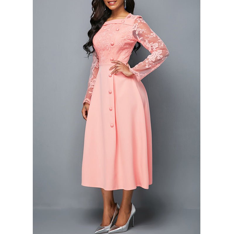 Fashionable Round Neck Lace Women's Dress High Waist Long Sleeves Printed Mid-length Dress - RICALOUX