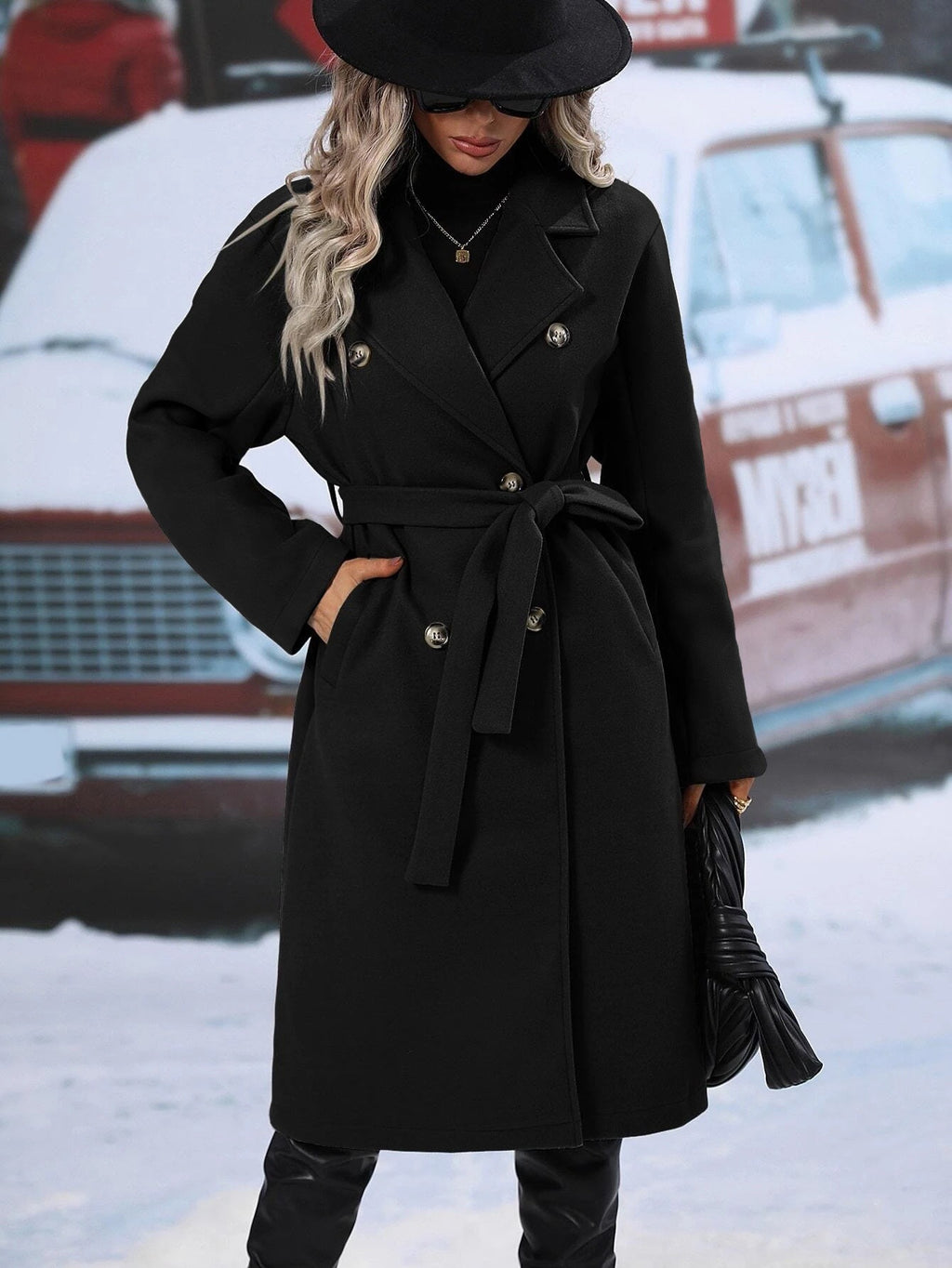 New Solid Color Lapel Thickened Woolen Coat, Long Double-breasted Jacket With Waist Tie For Spring by Ricaloux