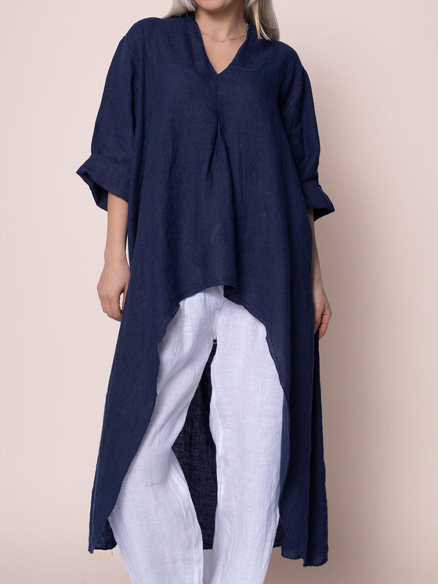 Womens Solid-Color V-Neck Asymmetric Long-Sleeve Shirt by Ricaloux