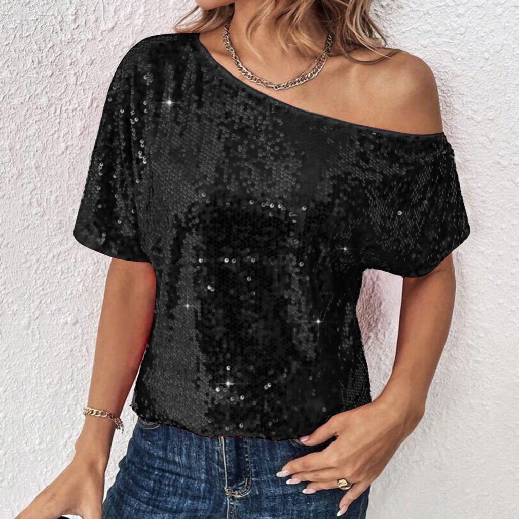Womens Casual Solid-Color Loose Off-Shoulder Sequin T-Shirt by Ricaloux