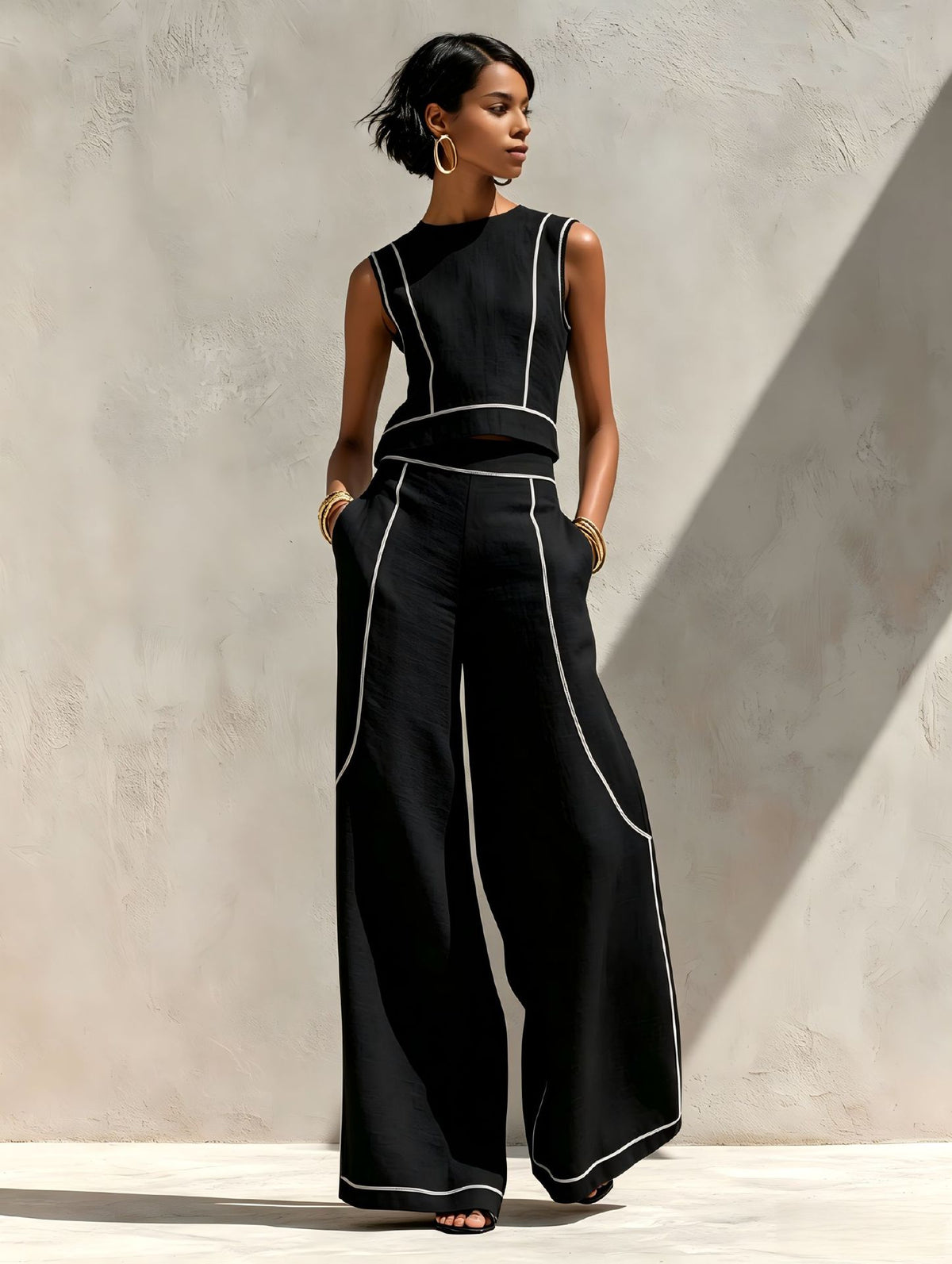 Sleeveless Color-Block Wide-Leg Pants Set Womens Summer Casual Chic Two-Piece Outfit by Ricaloux
