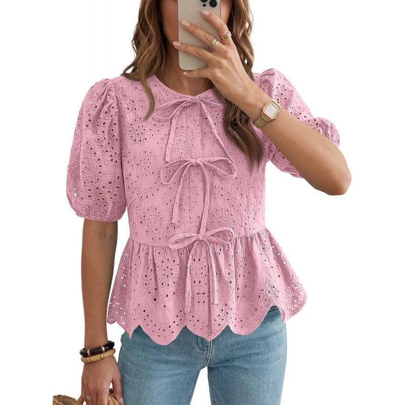 Ruffle-trimmed Puff-sleeved Top With A Tie Belt by Ricaloux