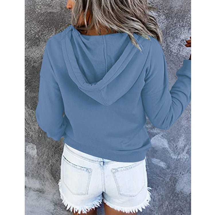 Long-sleeved Hooded Sweatshirt With Pockets Fashion Casual Button Drawstring Design Hoodie Top Spring And Autumn Sports Clothing For Women - RICALOUX