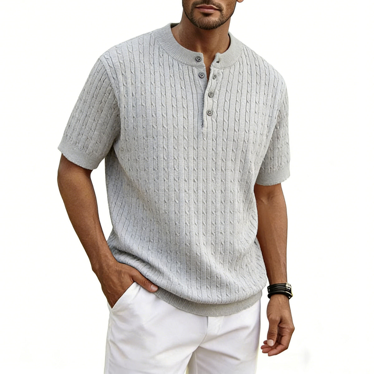 Men's Henry Collar Knit Sweater Short-sleeve T-shirt by Ricaloux