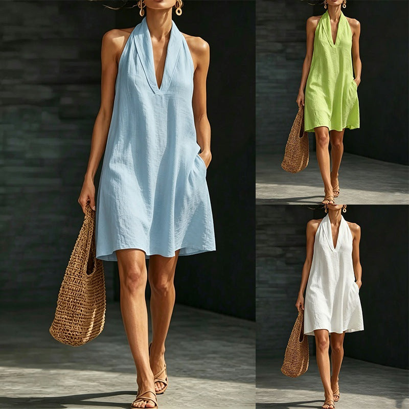Casual Short Solid-color V-neck Dress by Ricaloux