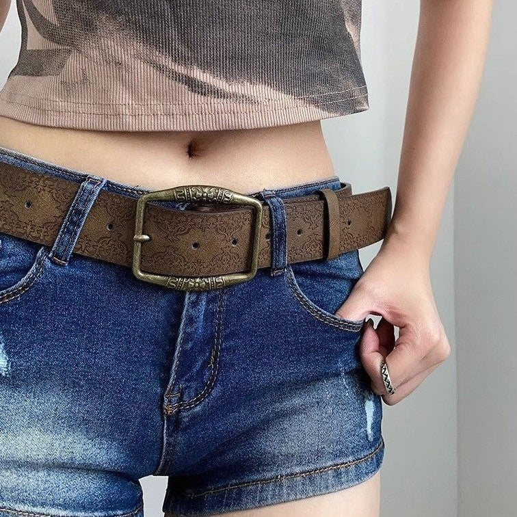 American-style Vintage Embossed Distressed Leather Belt With A Bronze Buckle, Versatile For Jeans by Ricaloux