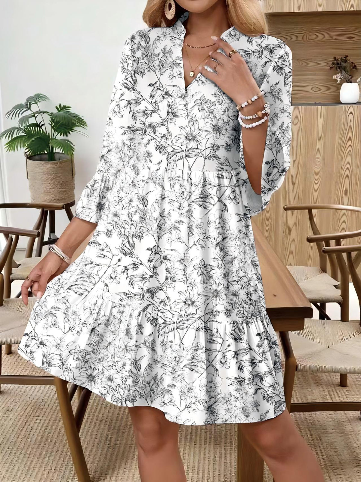 Womens V-neck Floral-print Flared-sleeve Dress by Ricaloux