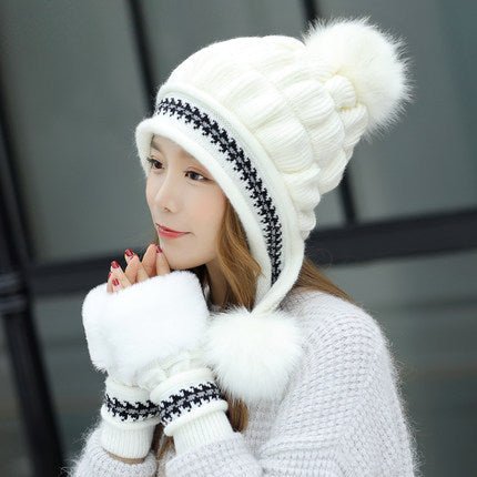 Cozy Knit Fleece-Feel Beanie With Ear Flaps & Pompom Warm Winter Hat For Women Perfect For Skiing & Outdoor Activities - RICALOUX