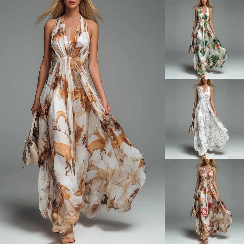 V-neck Halter-print Casual Dress Long Skirt by Ricaloux