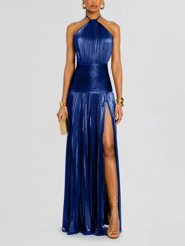 Sexy Pleated Halter Neck Long Dresses Summer Split Sleeveless Dress Evening Party Club Women's Clothing by Ricaloux