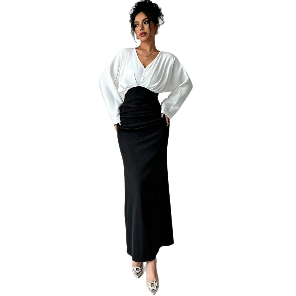 Womens Solid-Color Patchwork Long-Sleeve Slim-Fit Dress by Ricaloux